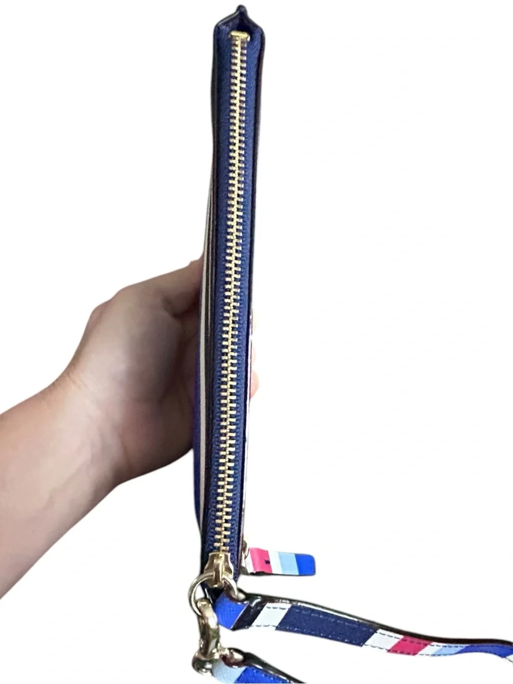 Kate Spade Laurel Way Tinie Wristlet Blue Stripe Saffiano Leather NWOT